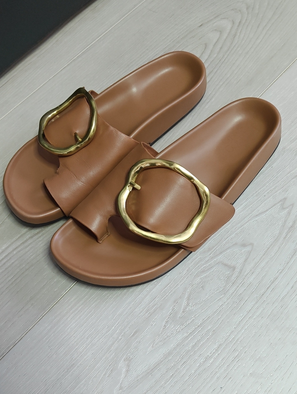 Franco Sarto Tan Slide Sandals with Gold Ring Buckles
